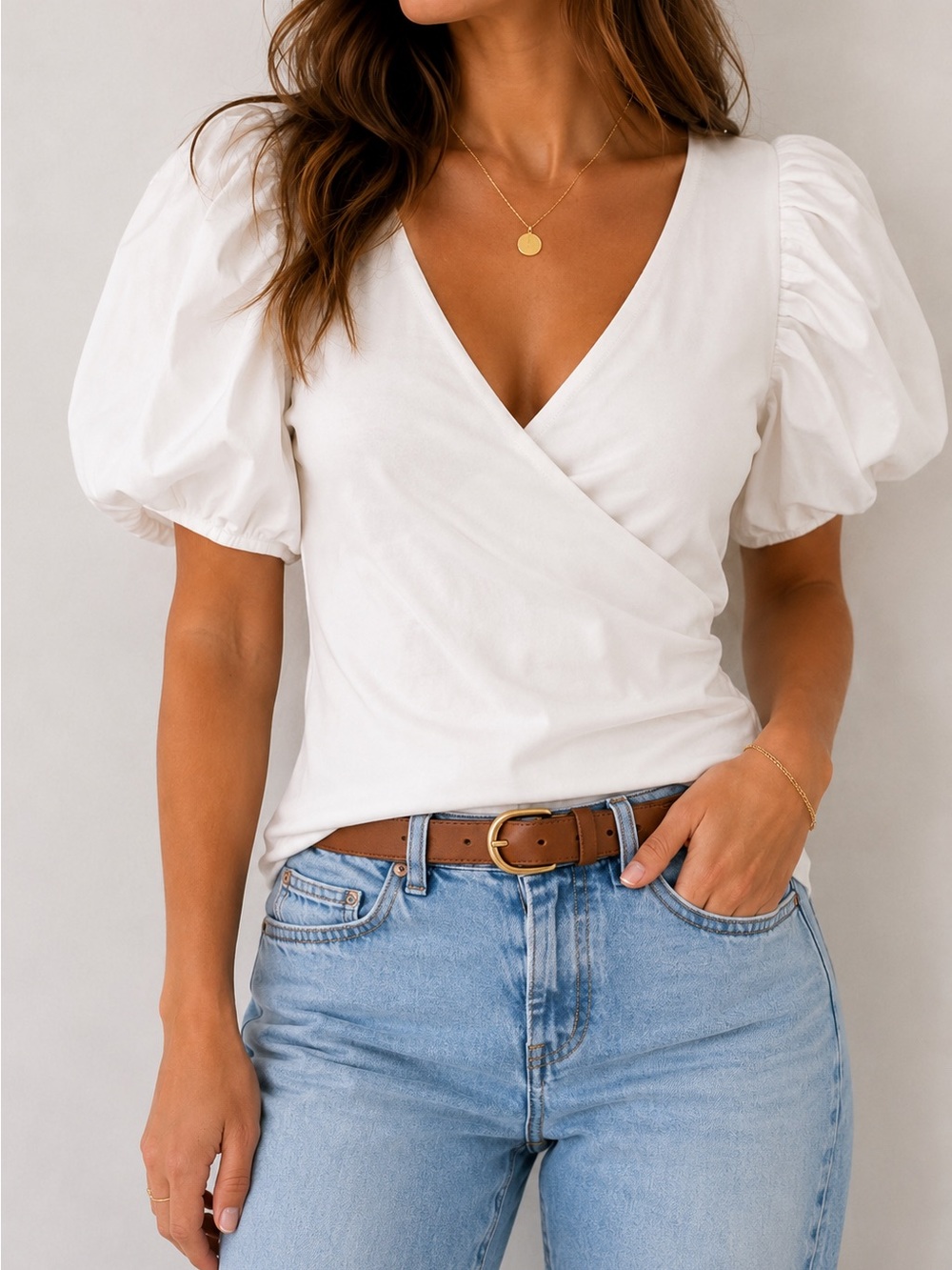 Maeve Anthropologie Puff Sleeve Faux Wrap Surplus Cotton Knit Top White XL